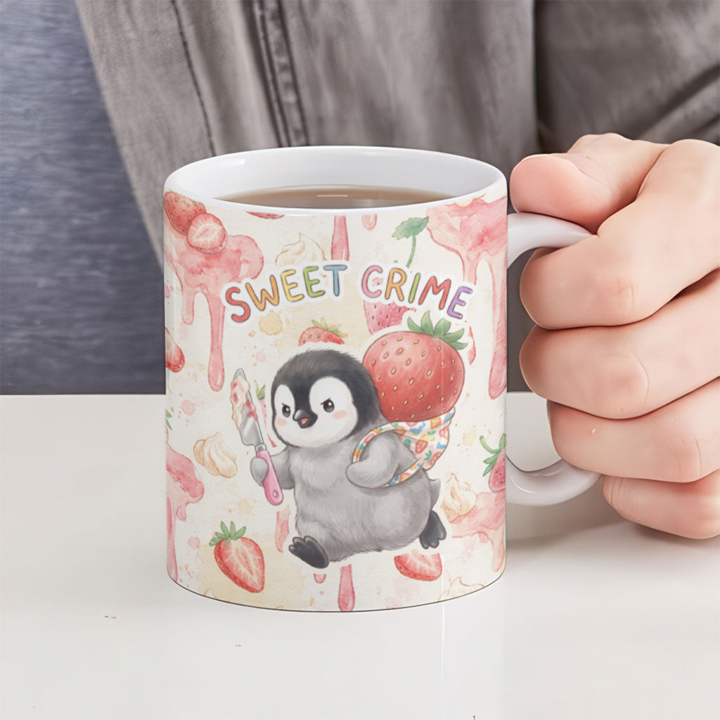 Sweet Crime Cute Penguin Holding Knife Ceramic Mug Funny Strawberry Cake Graphic With Pastel Dessert Pattern