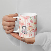 Sweet Crime Cute Penguin Holding Knife Ceramic Mug Funny Strawberry Cake Graphic With Pastel Dessert Pattern