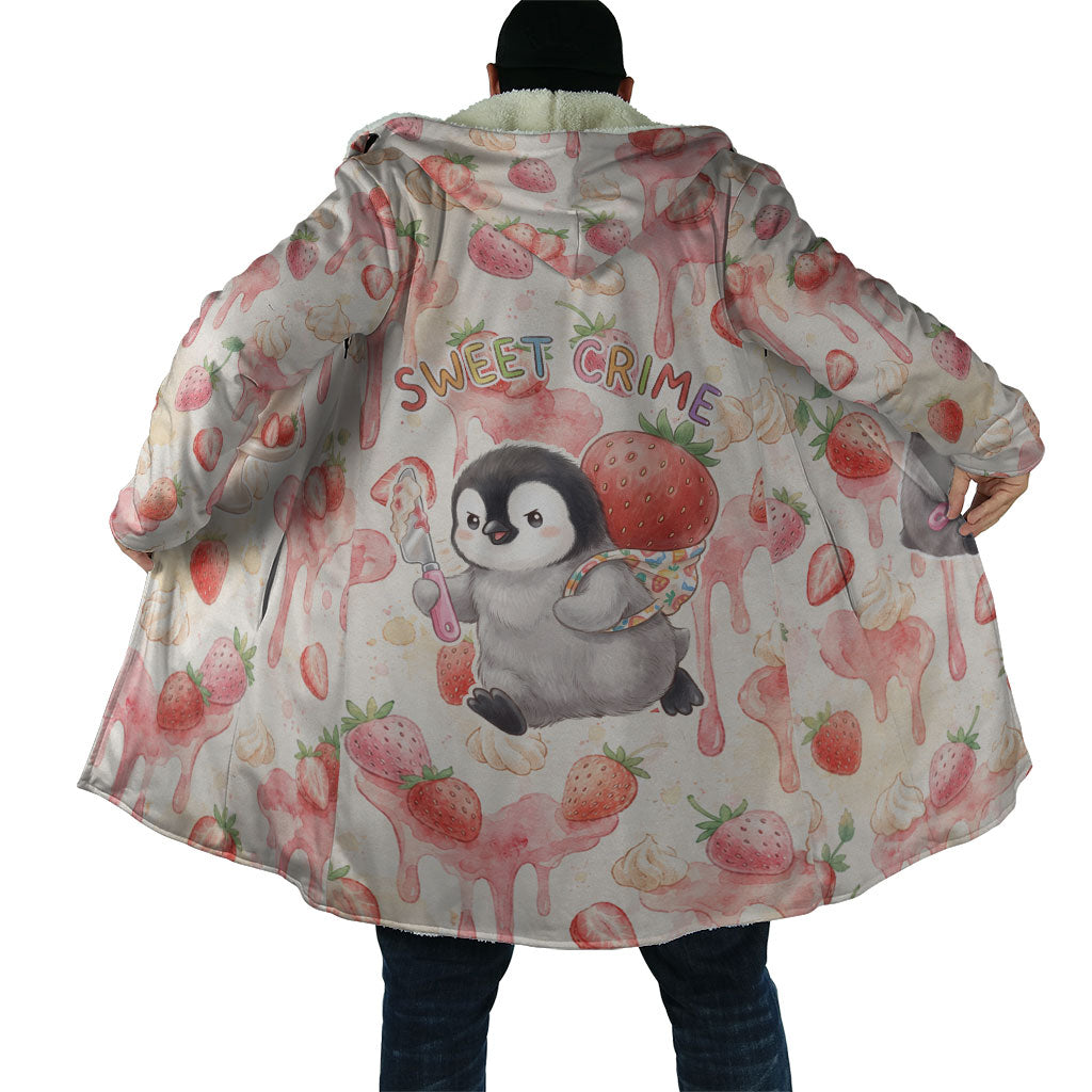 Sweet Crime Cute Penguin Holding Knife Cloak Funny Strawberry Cake Graphic With Pastel Dessert Pattern