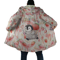 Sweet Crime Cute Penguin Holding Knife Cloak Funny Strawberry Cake Graphic With Pastel Dessert Pattern
