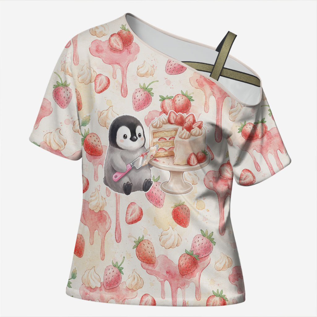 Sweet Crime Cute Penguin Holding Knife Cross Shoulder Shirt Funny Strawberry Cake Graphic With Pastel Dessert Pattern