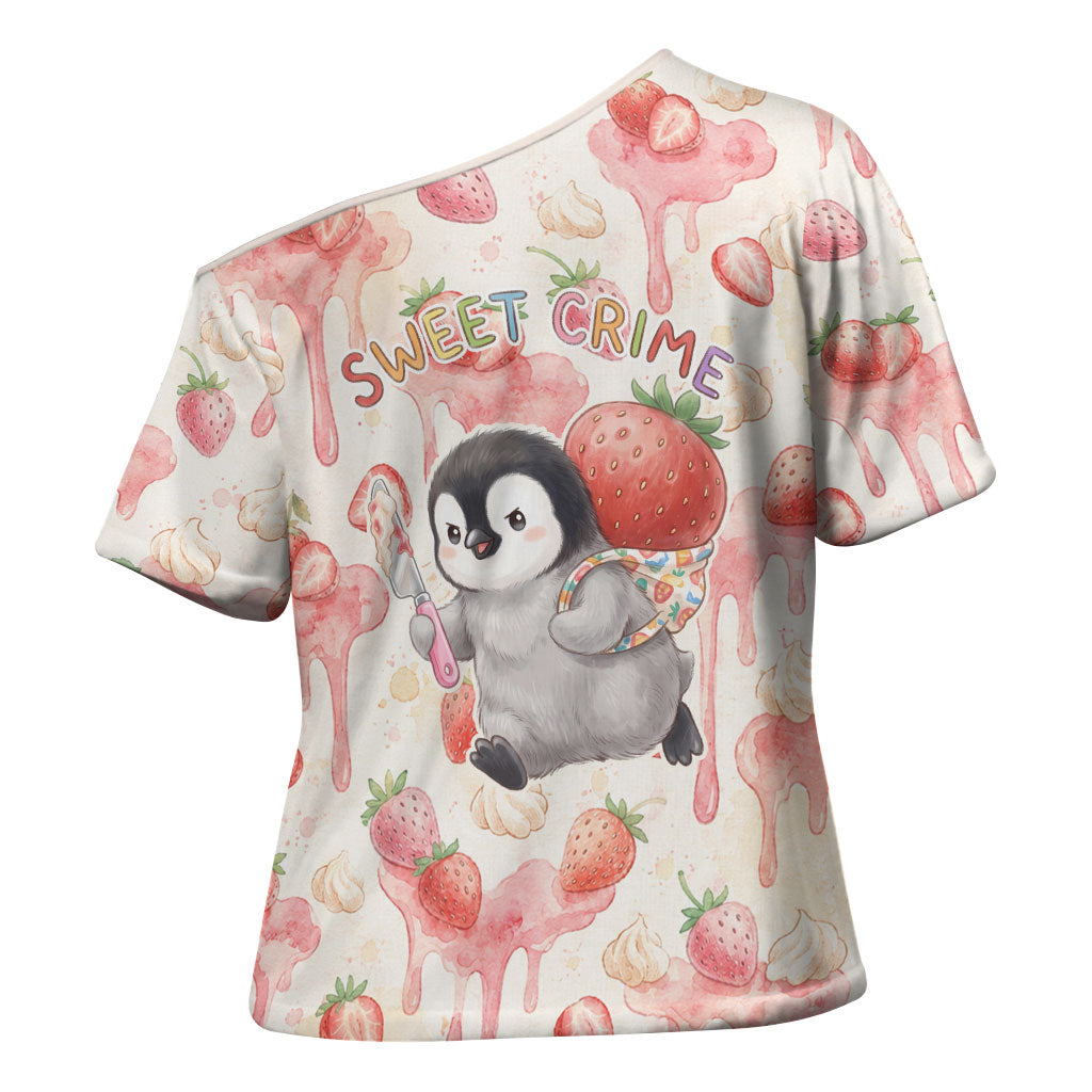 Sweet Crime Cute Penguin Holding Knife Cross Shoulder Shirt Funny Strawberry Cake Graphic With Pastel Dessert Pattern