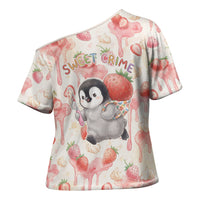 Sweet Crime Cute Penguin Holding Knife Cross Shoulder Shirt Funny Strawberry Cake Graphic With Pastel Dessert Pattern