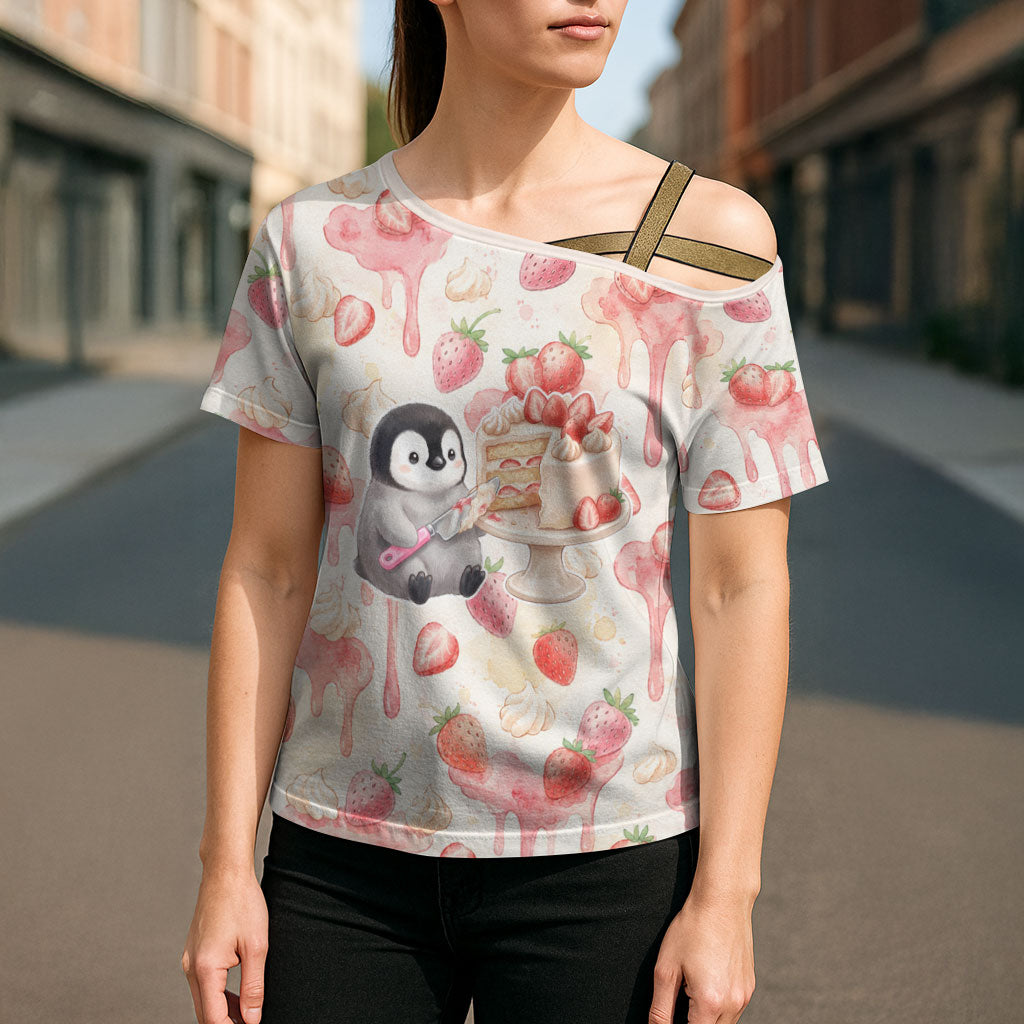 Sweet Crime Cute Penguin Holding Knife Cross Shoulder Shirt Funny Strawberry Cake Graphic With Pastel Dessert Pattern