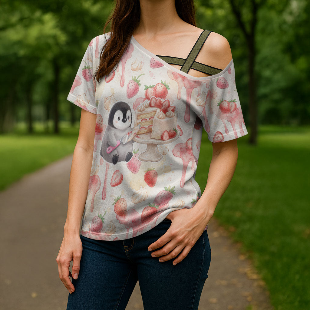 Sweet Crime Cute Penguin Holding Knife Cross Shoulder Shirt Funny Strawberry Cake Graphic With Pastel Dessert Pattern