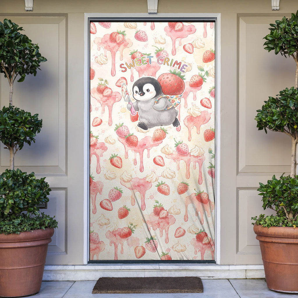 Sweet Crime Cute Penguin Holding Knife Door Cover Funny Strawberry Cake Graphic With Pastel Dessert Pattern