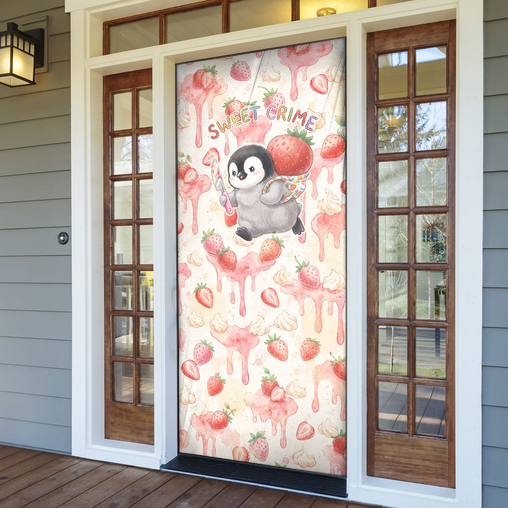 Sweet Crime Cute Penguin Holding Knife Door Cover Funny Strawberry Cake Graphic With Pastel Dessert Pattern