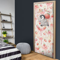 Sweet Crime Cute Penguin Holding Knife Door Cover Funny Strawberry Cake Graphic With Pastel Dessert Pattern
