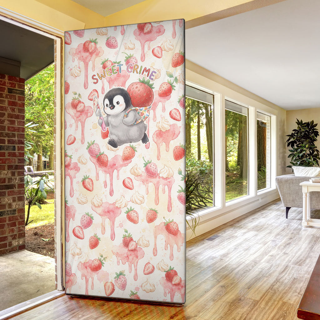 Sweet Crime Cute Penguin Holding Knife Door Cover Funny Strawberry Cake Graphic With Pastel Dessert Pattern