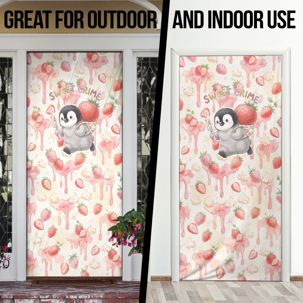 Sweet Crime Cute Penguin Holding Knife Door Cover Funny Strawberry Cake Graphic With Pastel Dessert Pattern