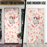 Sweet Crime Cute Penguin Holding Knife Door Cover Funny Strawberry Cake Graphic With Pastel Dessert Pattern