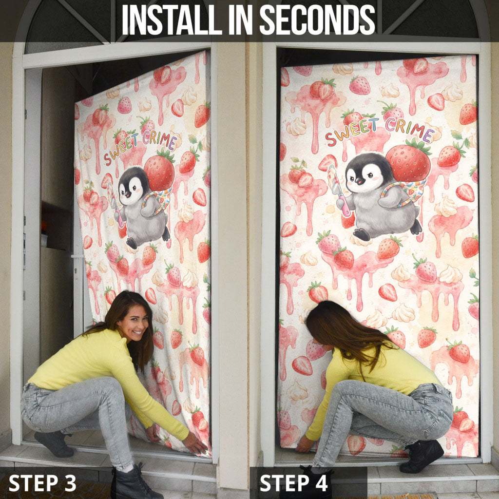 Sweet Crime Cute Penguin Holding Knife Door Cover Funny Strawberry Cake Graphic With Pastel Dessert Pattern