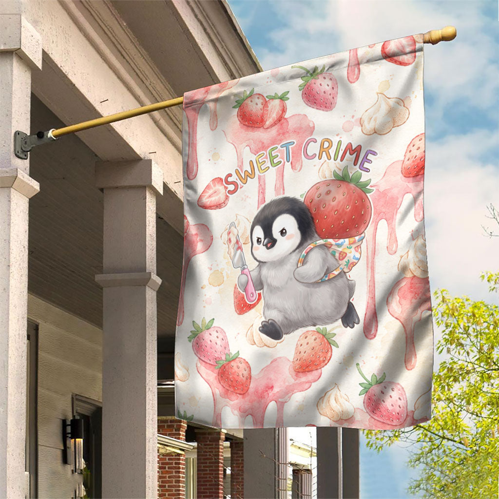 Sweet Crime Cute Penguin Holding Knife Garden Flag Funny Strawberry Cake Graphic With Pastel Dessert Pattern