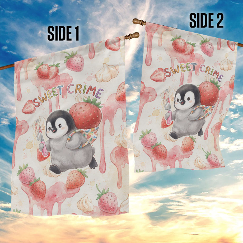 Sweet Crime Cute Penguin Holding Knife Garden Flag Funny Strawberry Cake Graphic With Pastel Dessert Pattern