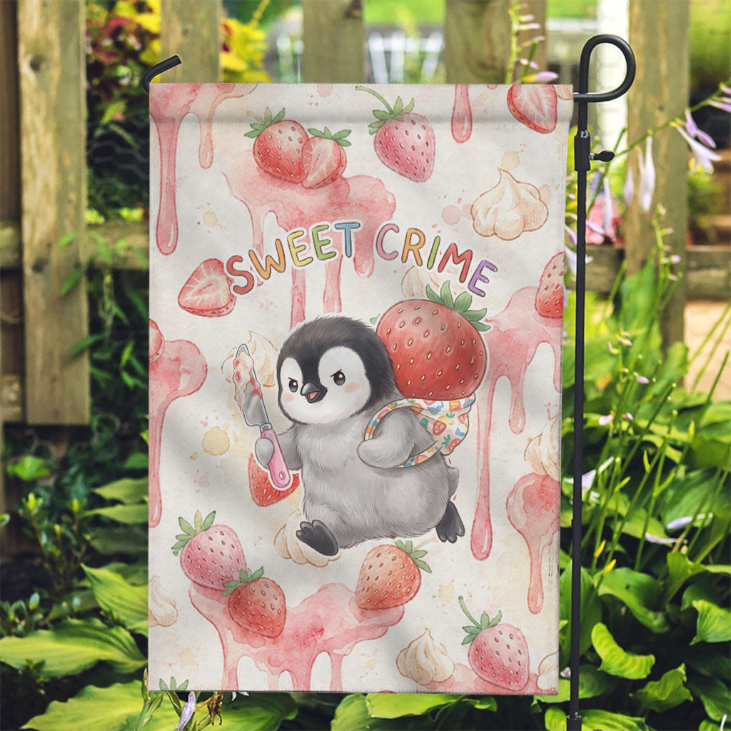 Sweet Crime Cute Penguin Holding Knife Garden Flag Funny Strawberry Cake Graphic With Pastel Dessert Pattern