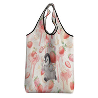 Sweet Crime Cute Penguin Holding Knife Grocery Bag Funny Strawberry Cake Graphic With Pastel Dessert Pattern