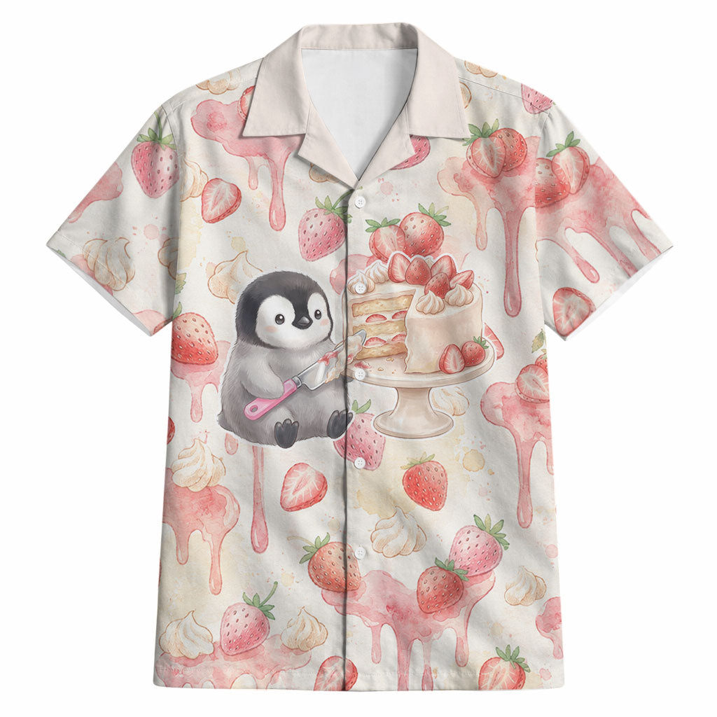 Sweet Crime Cute Penguin Holding Knife Hawaiian Shirt Funny Strawberry Cake Graphic With Pastel Dessert Pattern