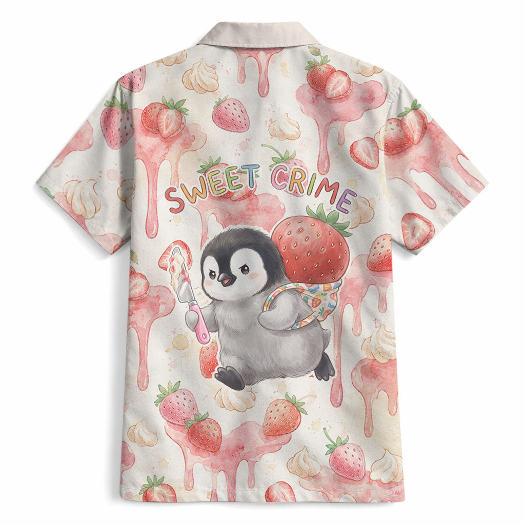 Sweet Crime Cute Penguin Holding Knife Hawaiian Shirt Funny Strawberry Cake Graphic With Pastel Dessert Pattern