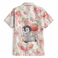 Sweet Crime Cute Penguin Holding Knife Hawaiian Shirt Funny Strawberry Cake Graphic With Pastel Dessert Pattern