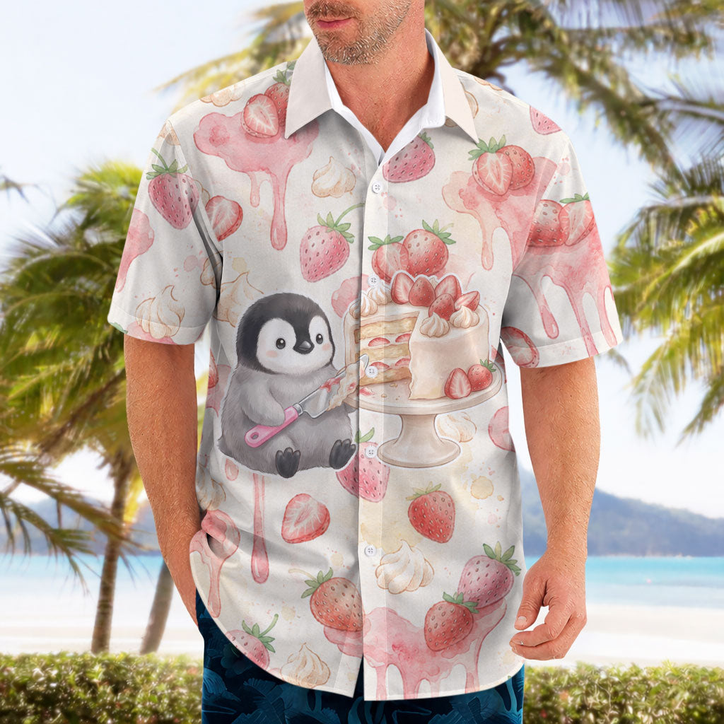 Sweet Crime Cute Penguin Holding Knife Hawaiian Shirt Funny Strawberry Cake Graphic With Pastel Dessert Pattern