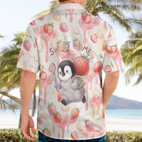 Sweet Crime Cute Penguin Holding Knife Hawaiian Shirt Funny Strawberry Cake Graphic With Pastel Dessert Pattern