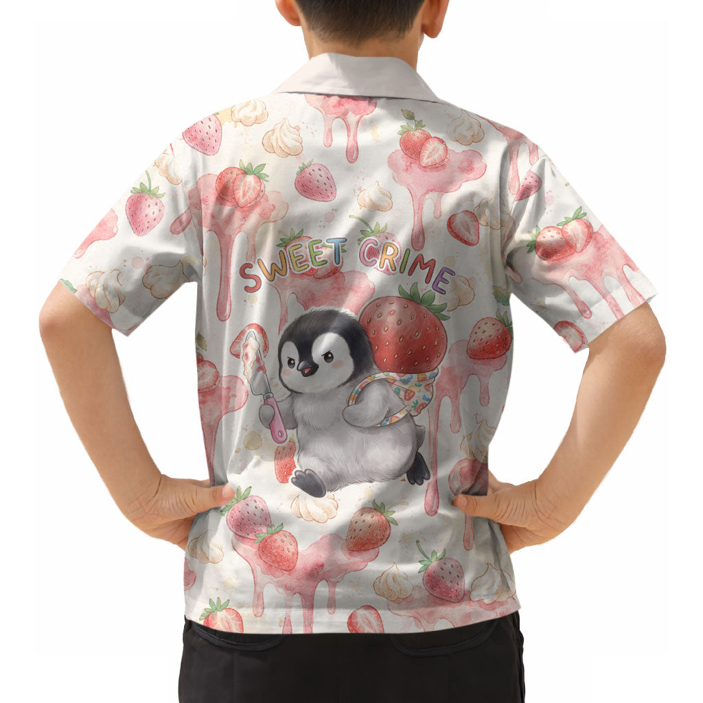Sweet Crime Cute Penguin Holding Knife Hawaiian Shirt Funny Strawberry Cake Graphic With Pastel Dessert Pattern