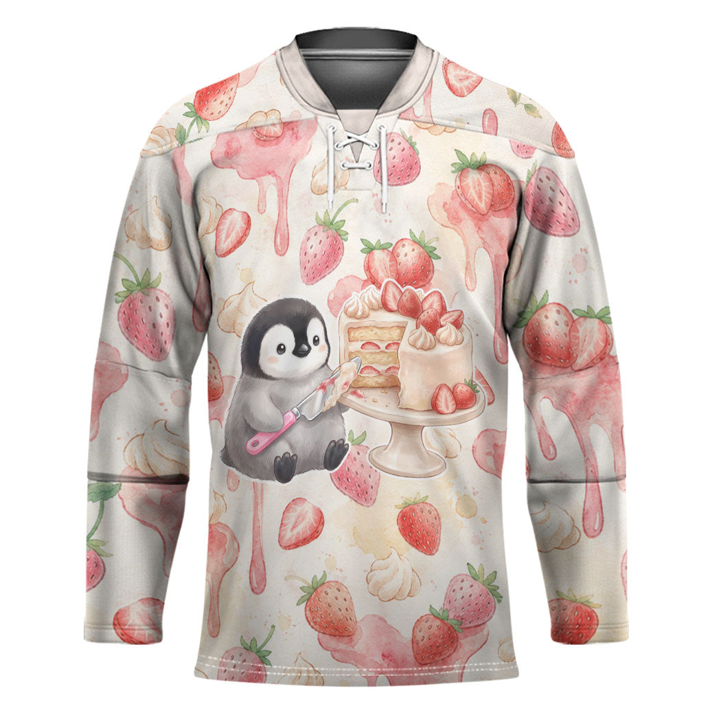 Sweet Crime Cute Penguin Holding Knife Hockey Jersey Funny Strawberry Cake Graphic With Pastel Dessert Pattern