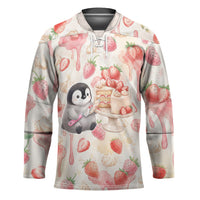 Sweet Crime Cute Penguin Holding Knife Hockey Jersey Funny Strawberry Cake Graphic With Pastel Dessert Pattern