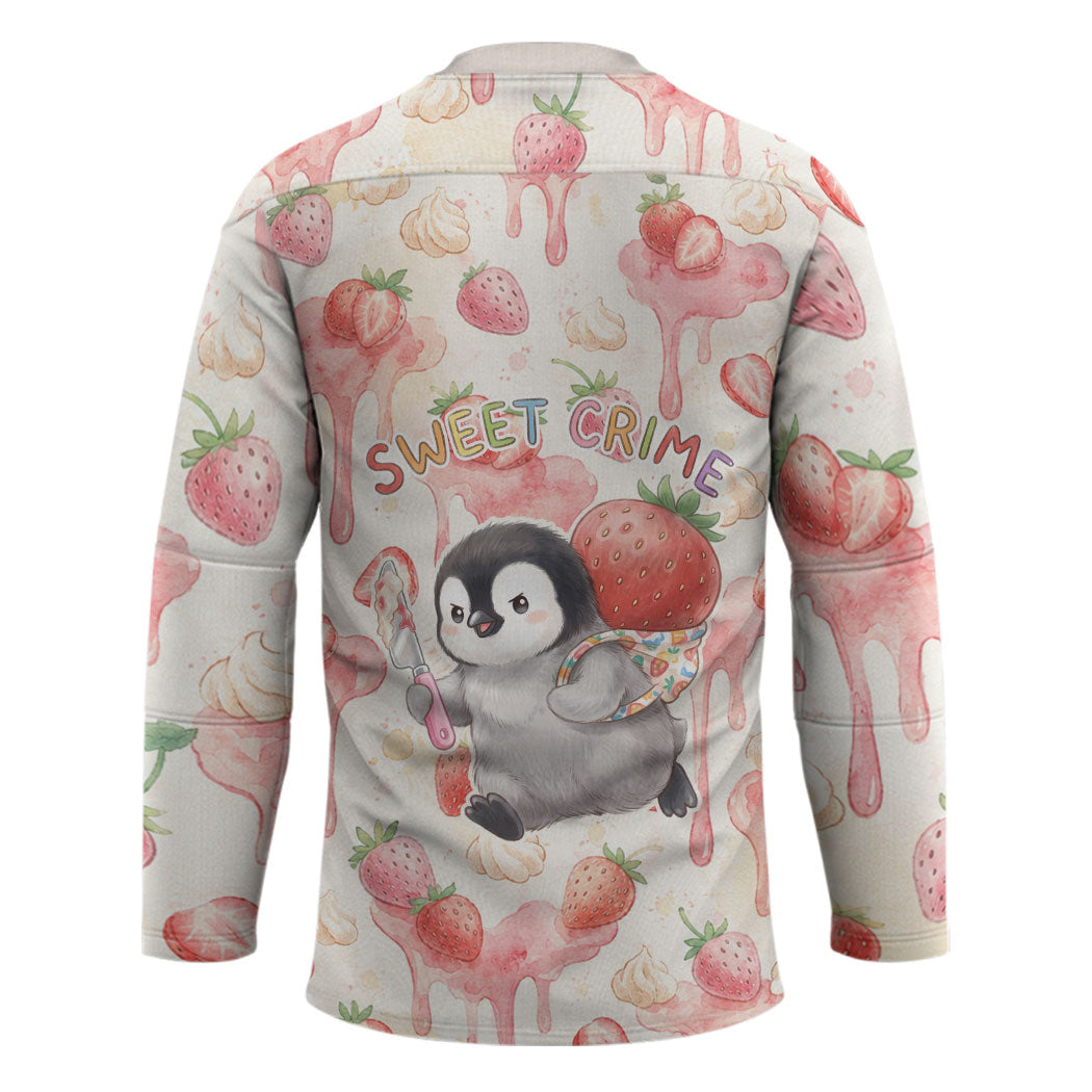 Sweet Crime Cute Penguin Holding Knife Hockey Jersey Funny Strawberry Cake Graphic With Pastel Dessert Pattern