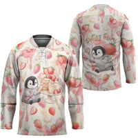 Sweet Crime Cute Penguin Holding Knife Hockey Jersey Funny Strawberry Cake Graphic With Pastel Dessert Pattern