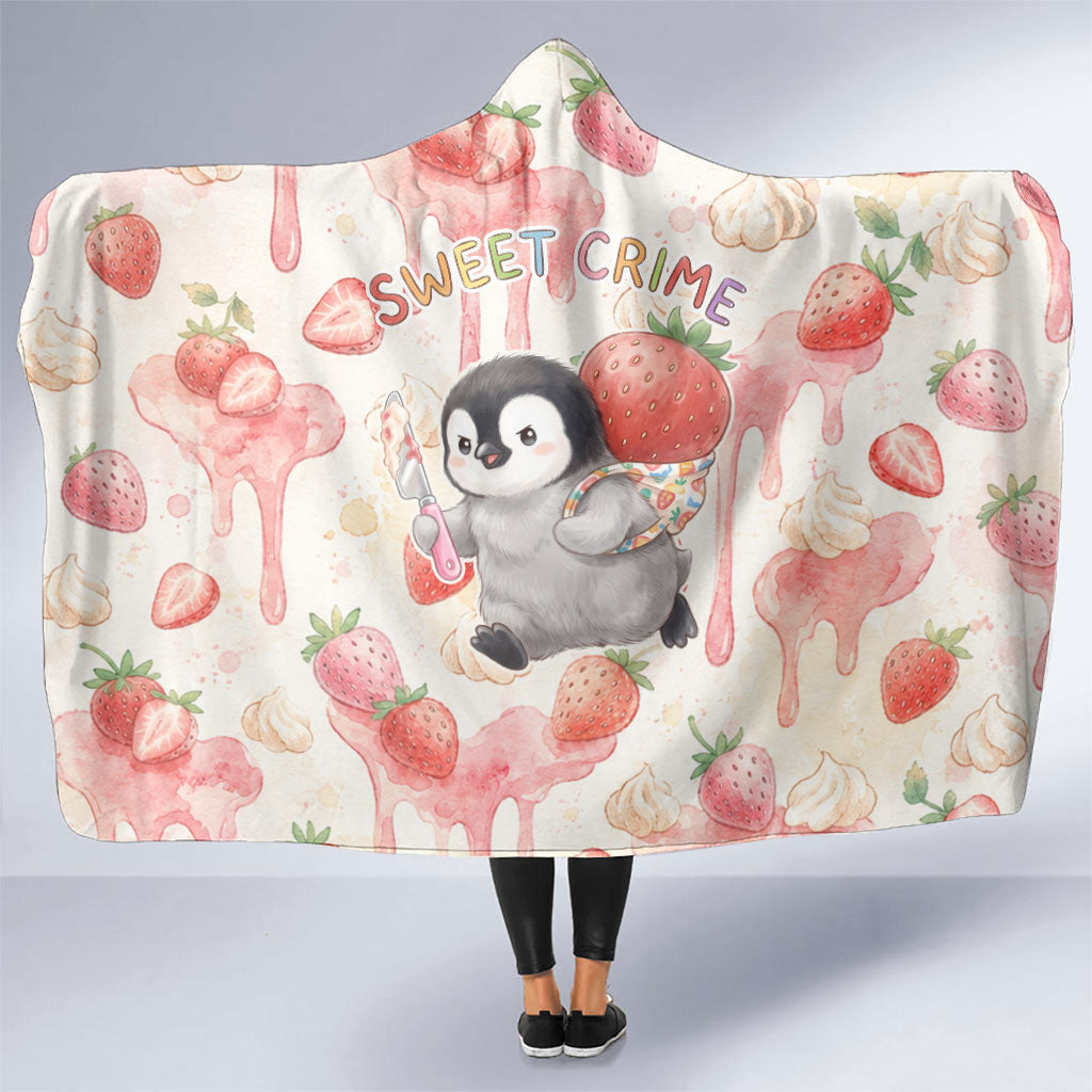 Sweet Crime Cute Penguin Holding Knife Hooded Blanket Funny Strawberry Cake Graphic With Pastel Dessert Pattern