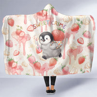 Sweet Crime Cute Penguin Holding Knife Hooded Blanket Funny Strawberry Cake Graphic With Pastel Dessert Pattern