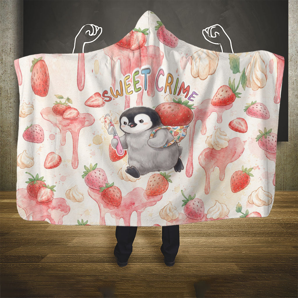 Sweet Crime Cute Penguin Holding Knife Hooded Blanket Funny Strawberry Cake Graphic With Pastel Dessert Pattern