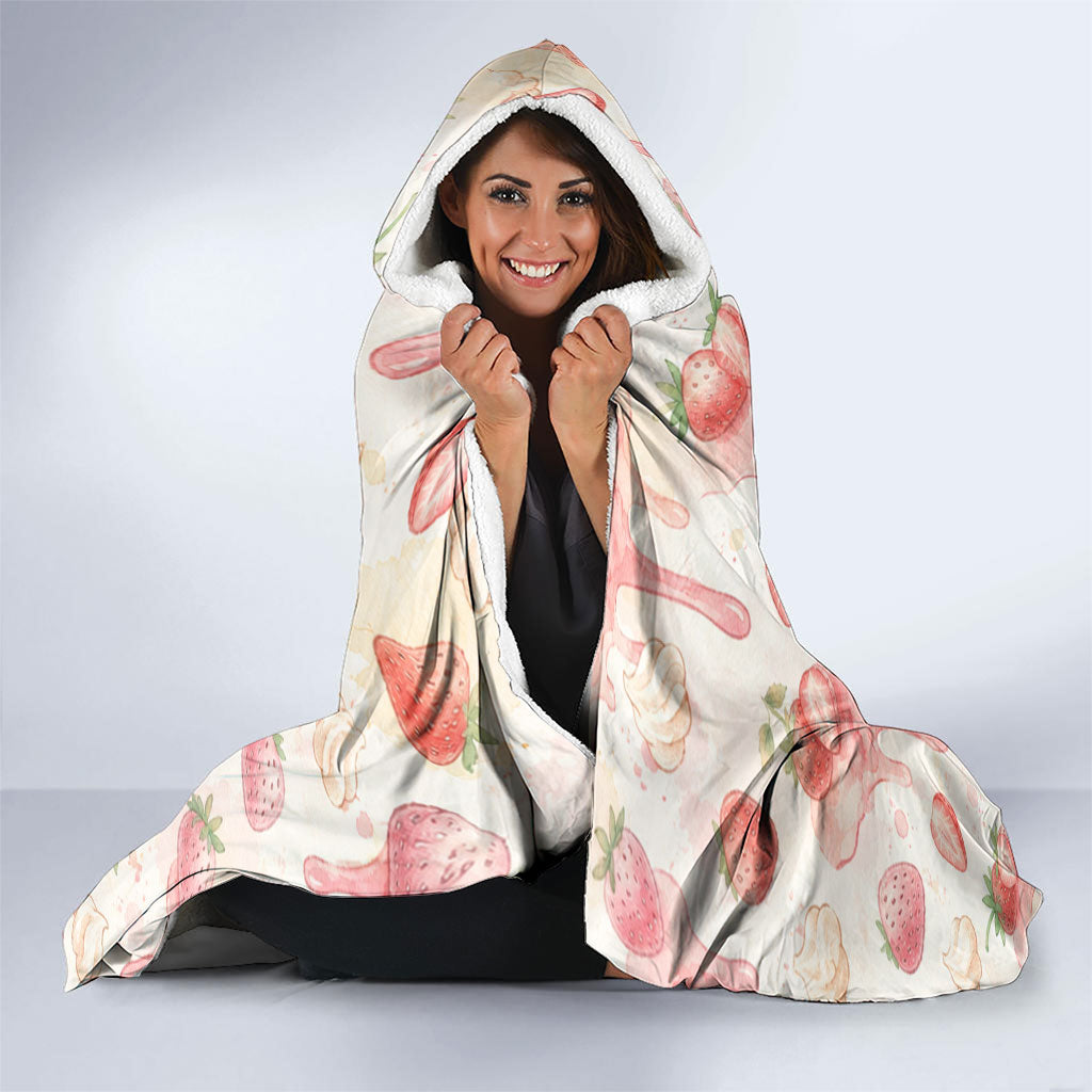 Sweet Crime Cute Penguin Holding Knife Hooded Blanket Funny Strawberry Cake Graphic With Pastel Dessert Pattern