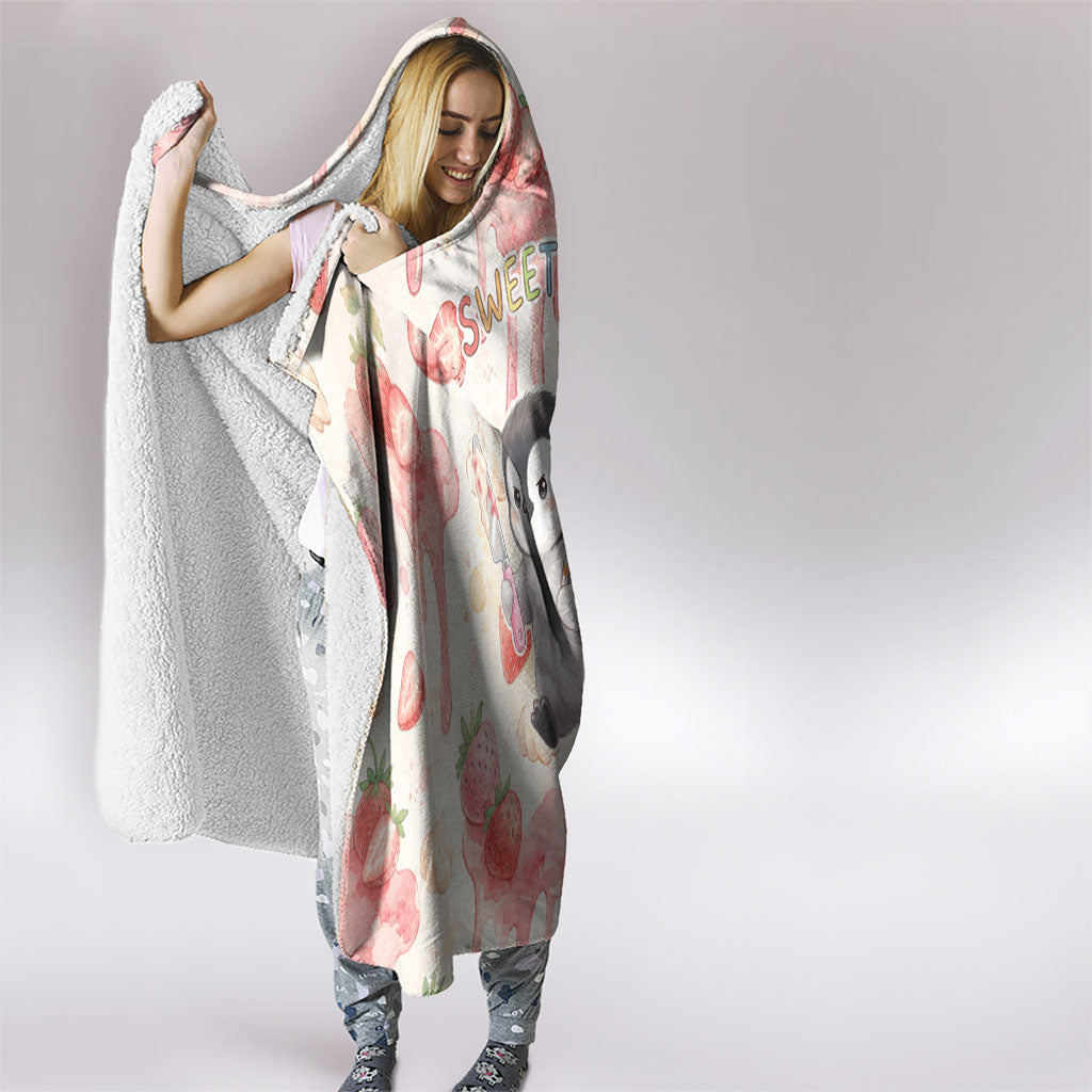 Sweet Crime Cute Penguin Holding Knife Hooded Blanket Funny Strawberry Cake Graphic With Pastel Dessert Pattern