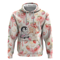 Sweet Crime Cute Penguin Holding Knife Hoodie Funny Strawberry Cake Graphic With Pastel Dessert Pattern