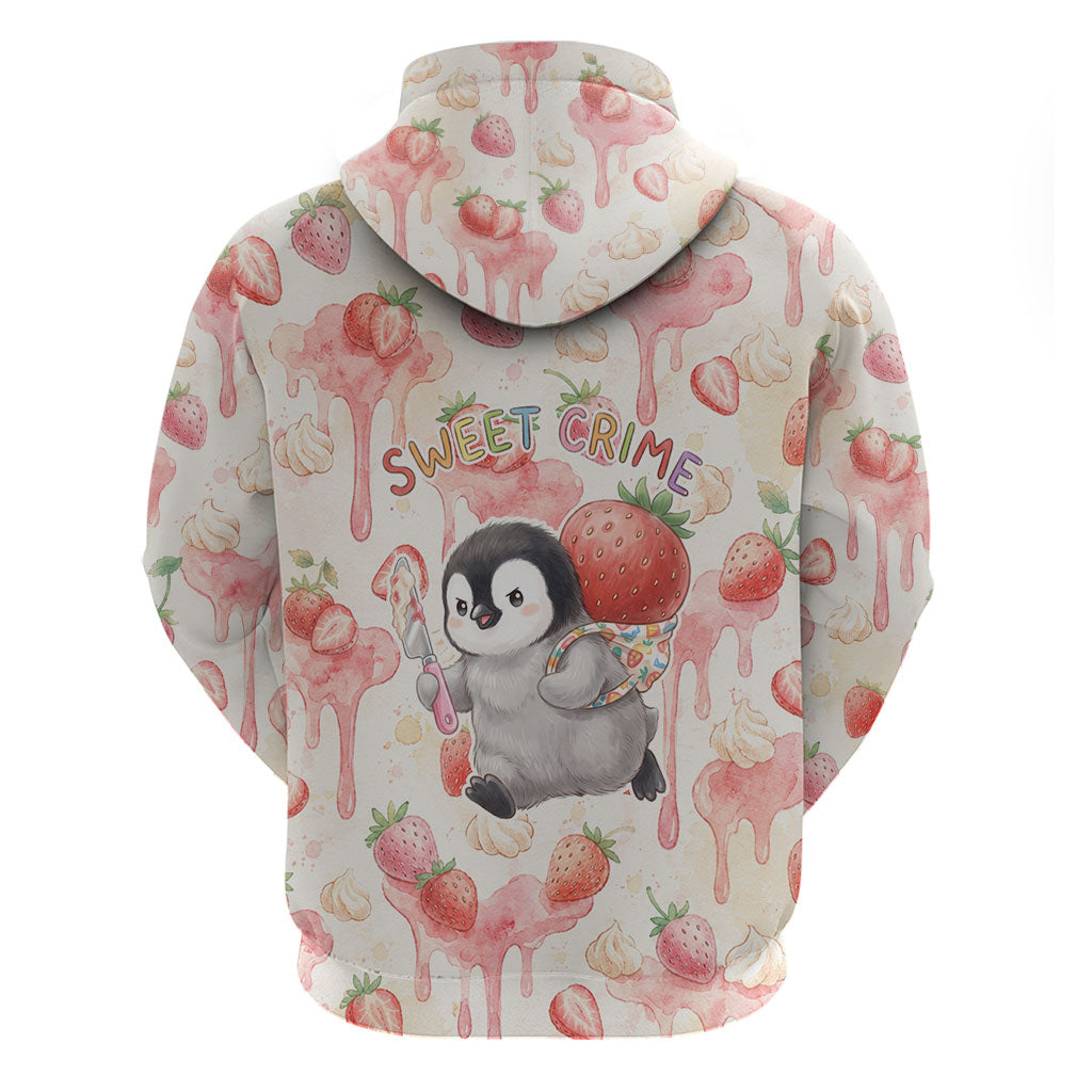 Sweet Crime Cute Penguin Holding Knife Hoodie Funny Strawberry Cake Graphic With Pastel Dessert Pattern