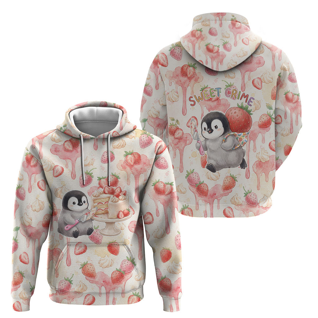 Sweet Crime Cute Penguin Holding Knife Hoodie Funny Strawberry Cake Graphic With Pastel Dessert Pattern