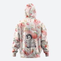 Sweet Crime Cute Penguin Holding Knife Hoodie Funny Strawberry Cake Graphic With Pastel Dessert Pattern