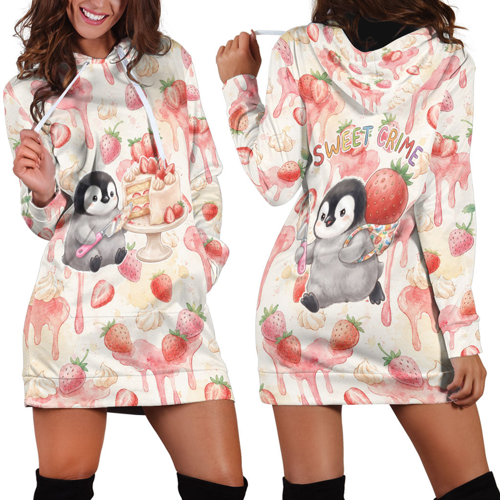 Sweet Crime Cute Penguin Holding Knife Hoodie Dress Funny Strawberry Cake Graphic With Pastel Dessert Pattern