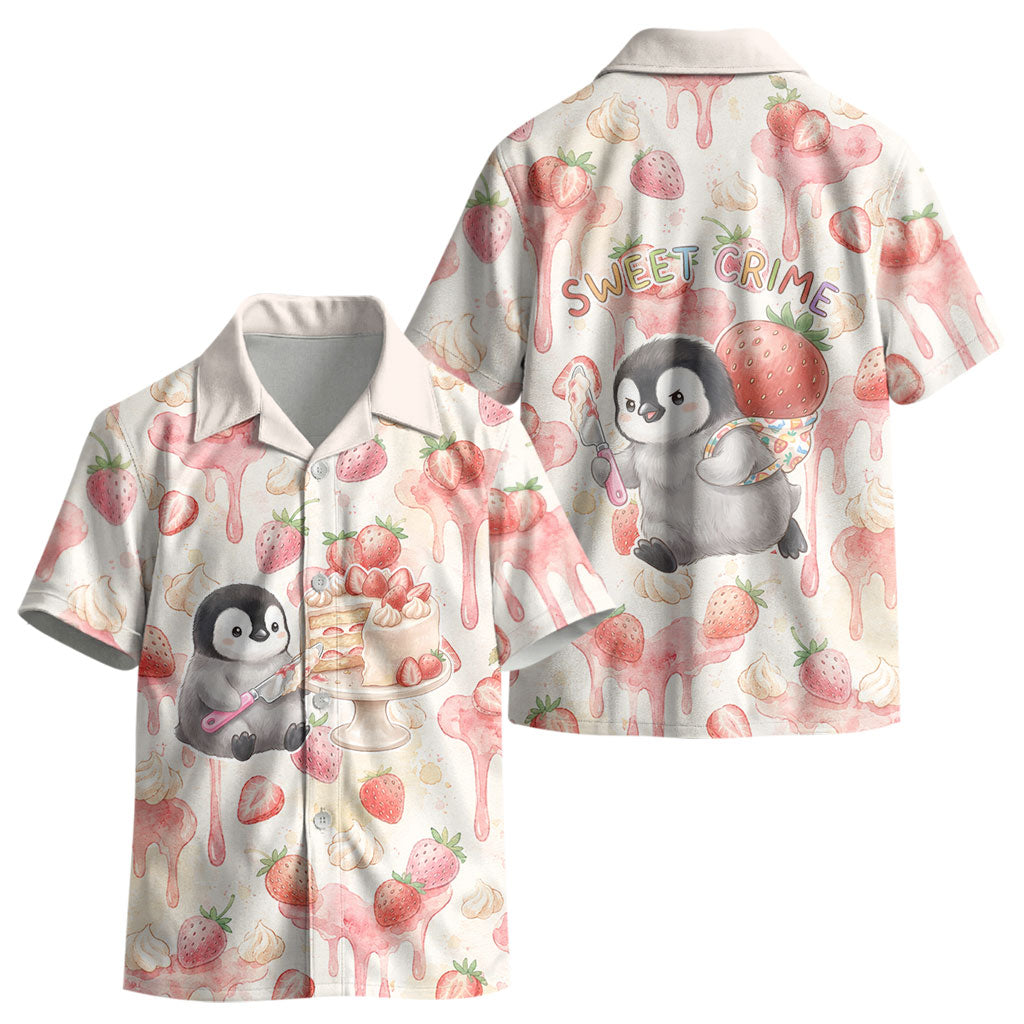 Sweet Crime Cute Penguin Holding Knife Kid Hawaiian Shirt Funny Strawberry Cake Graphic With Pastel Dessert Pattern