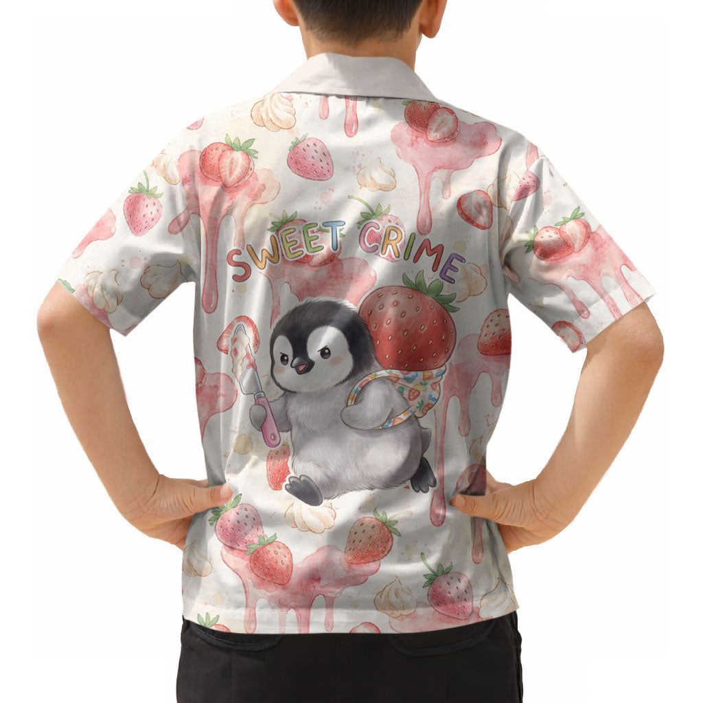 Sweet Crime Cute Penguin Holding Knife Kid Hawaiian Shirt Funny Strawberry Cake Graphic With Pastel Dessert Pattern