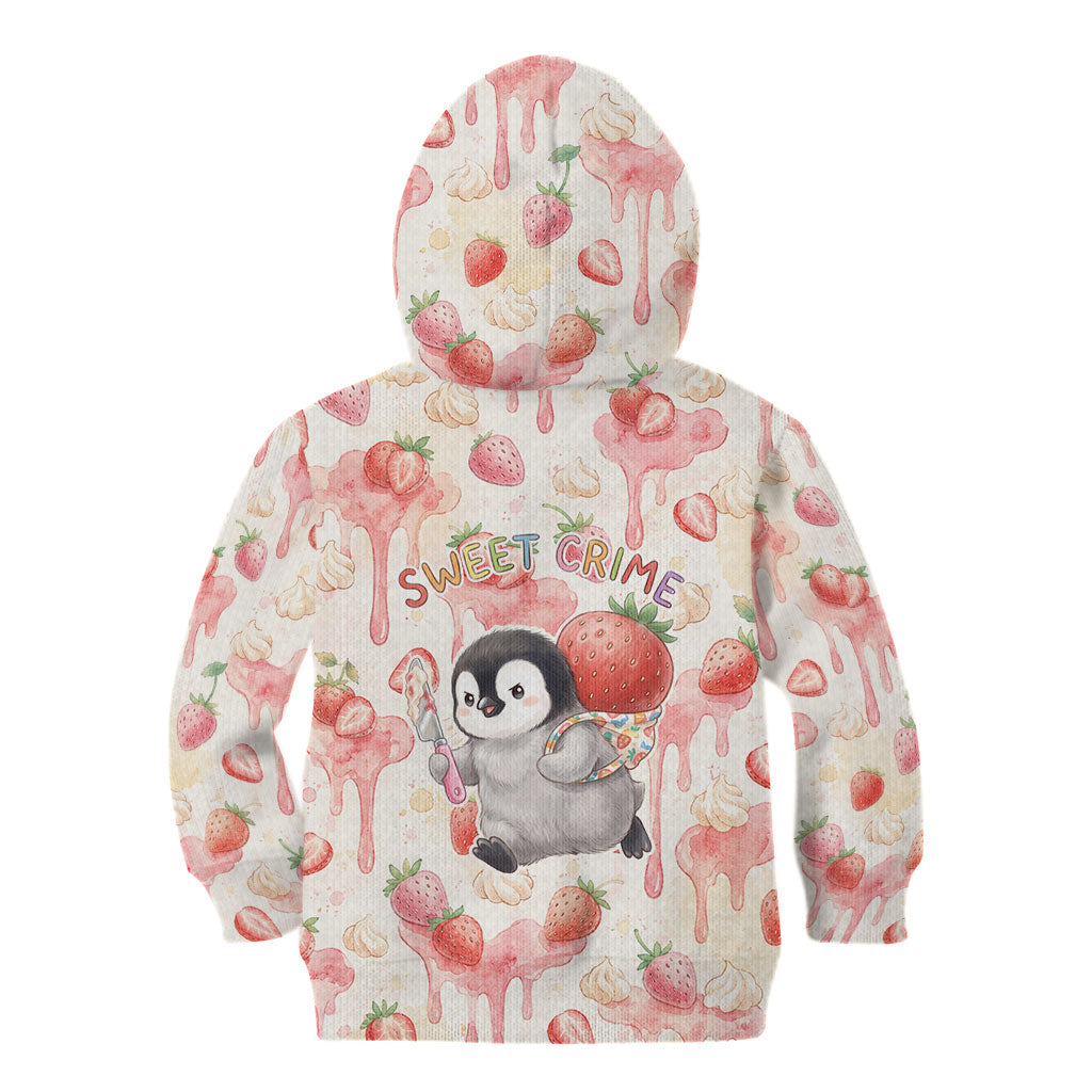 Sweet Crime Cute Penguin Holding Knife Kid Hoodie Funny Strawberry Cake Graphic With Pastel Dessert Pattern