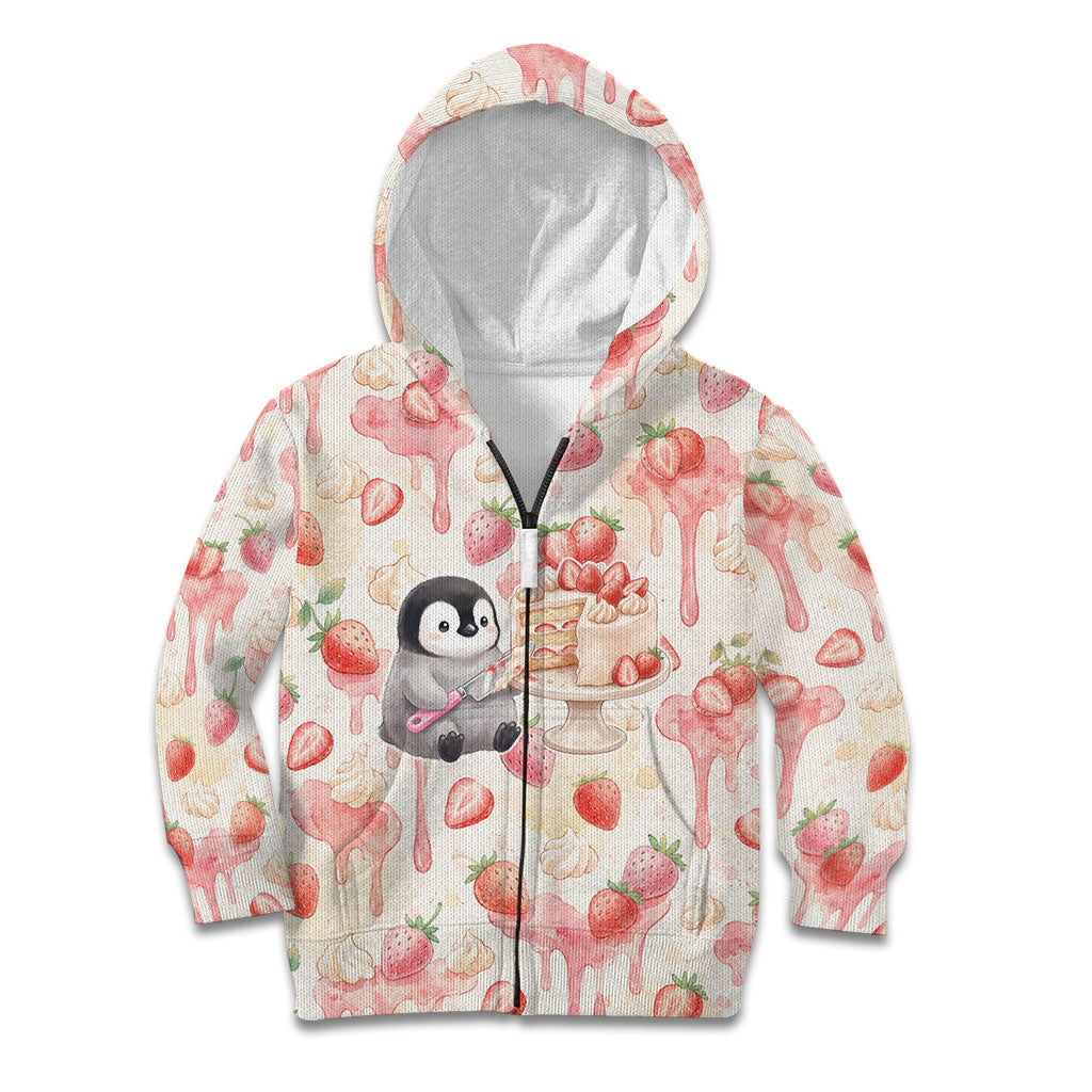 Sweet Crime Cute Penguin Holding Knife Kid Hoodie Funny Strawberry Cake Graphic With Pastel Dessert Pattern