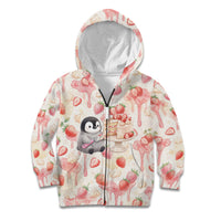 Sweet Crime Cute Penguin Holding Knife Kid Hoodie Funny Strawberry Cake Graphic With Pastel Dessert Pattern