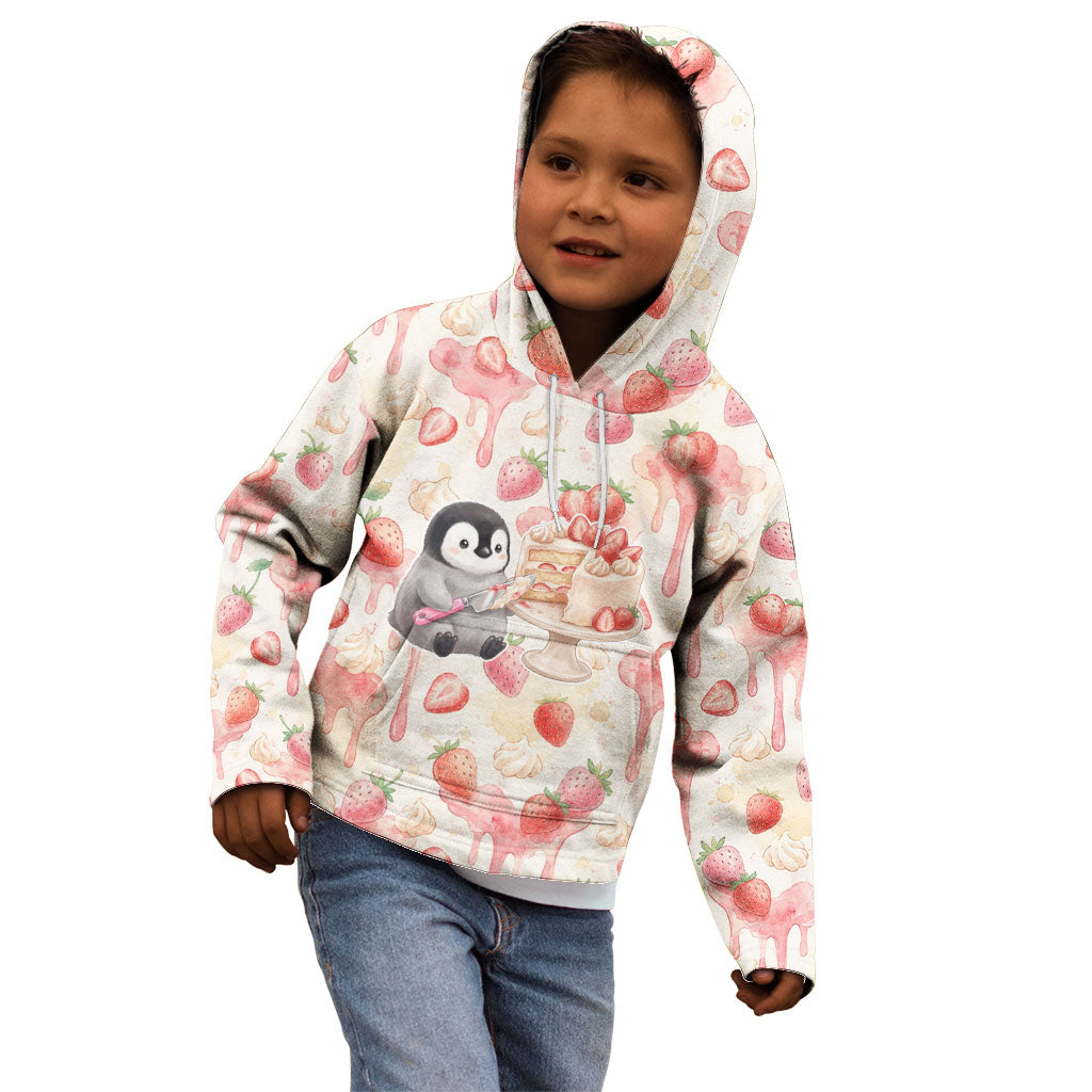 Sweet Crime Cute Penguin Holding Knife Kid Hoodie Funny Strawberry Cake Graphic With Pastel Dessert Pattern