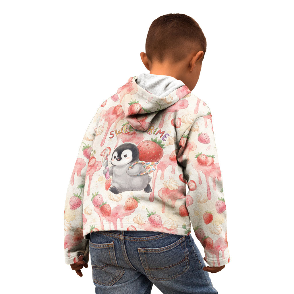 Sweet Crime Cute Penguin Holding Knife Kid Hoodie Funny Strawberry Cake Graphic With Pastel Dessert Pattern