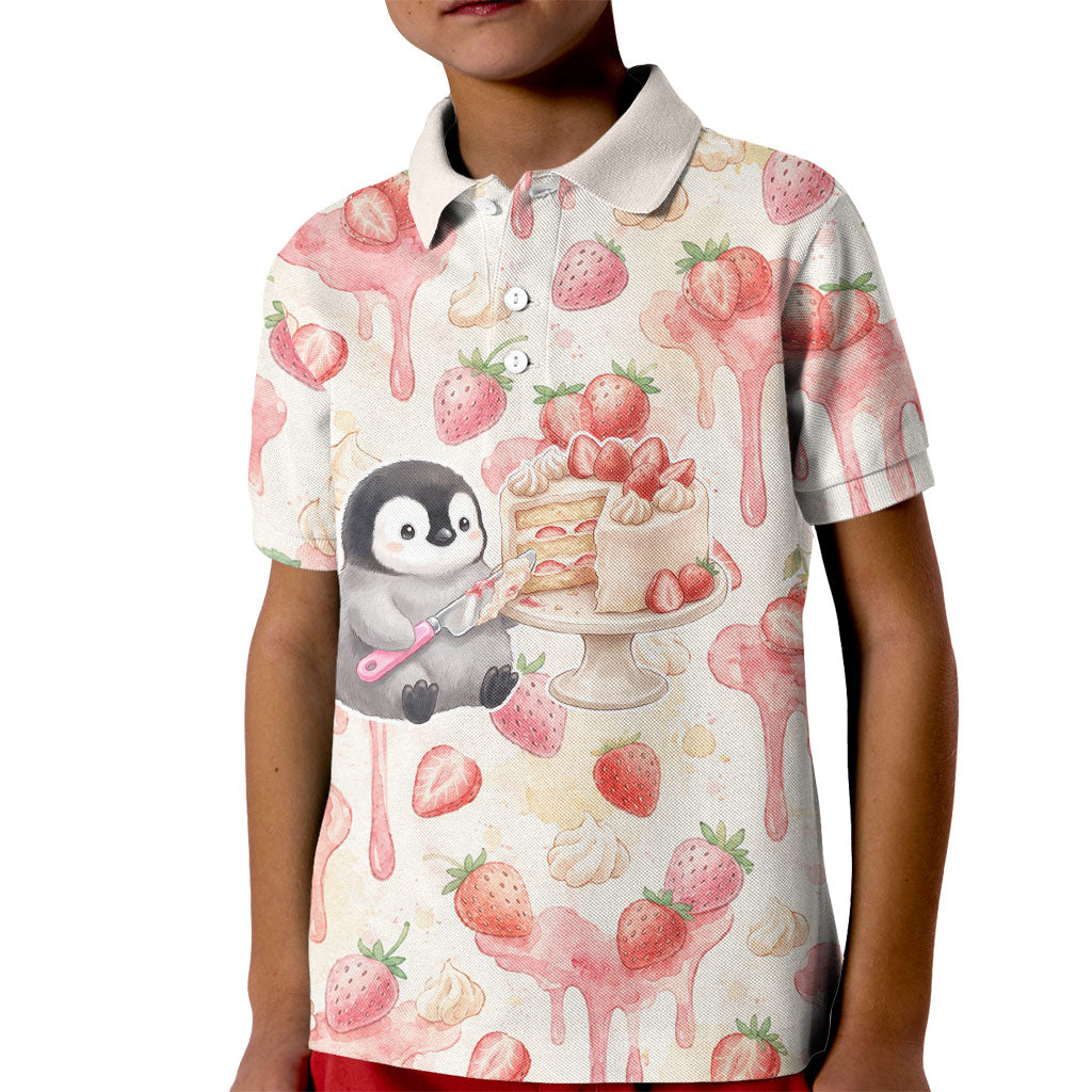 Sweet Crime Cute Penguin Holding Knife Kid Polo Shirt Funny Strawberry Cake Graphic With Pastel Dessert Pattern