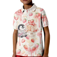 Sweet Crime Cute Penguin Holding Knife Kid Polo Shirt Funny Strawberry Cake Graphic With Pastel Dessert Pattern