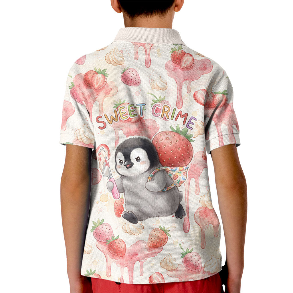 Sweet Crime Cute Penguin Holding Knife Kid Polo Shirt Funny Strawberry Cake Graphic With Pastel Dessert Pattern